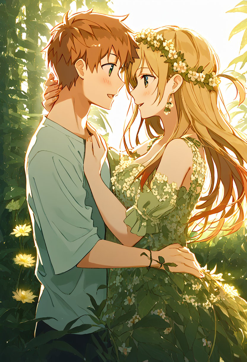 Softly focused shot of MIZUHARA CHIZURU and KINOSHITA KAZUYA strolling hand in hand along a sun-kissed canal, warm lighting accentuating their joyful laughter and tender smiles as they bask in each other's company. The camera pulls out to reveal a serene cityscape with blooming flowers and lush greenery adding to the romantic ambiance, capturing the loving intimacy of this gay couple.