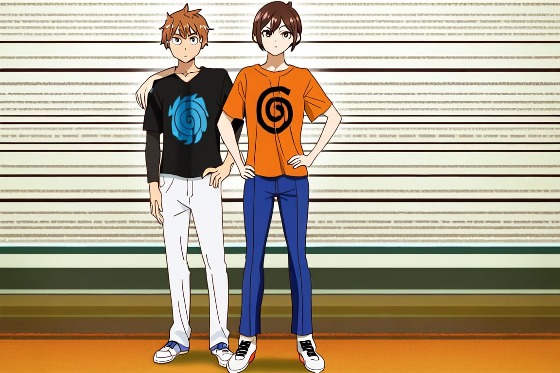 looking at viewer, brown hair, shirt, 1boy, 1girl, brown eyes, standing, full body, shoes, striped, pants, hand on hip, white footwear, t-shirt, orange shirt, spiral print shirt, sneakers,MIZUHARA CHIZURU, KINOSHITA KAZUYA