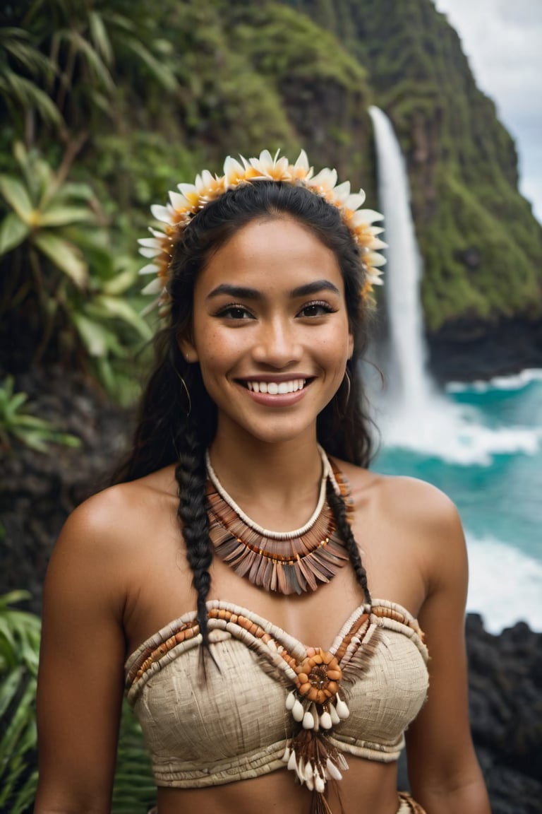 cinematic film still,Portrait of a beautiful 28 year old  polynesian woman named Moana, wearing traditional Polynesian clothing, smiling; pacific island with waterfall in the background, ambient light, Nikon 15mm f/1.8G, by Alessio Albi, by Annie Leibowitz, by Lee Jeffries