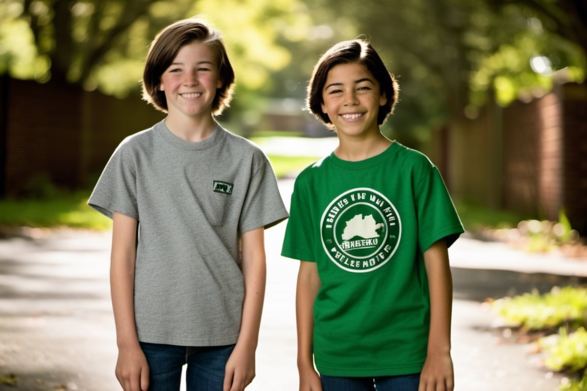 14 year old Irish American boy with very short brown hair wearing a t shirt, with his best friend who is a 13 year old Asian American tomboy with very short hair 