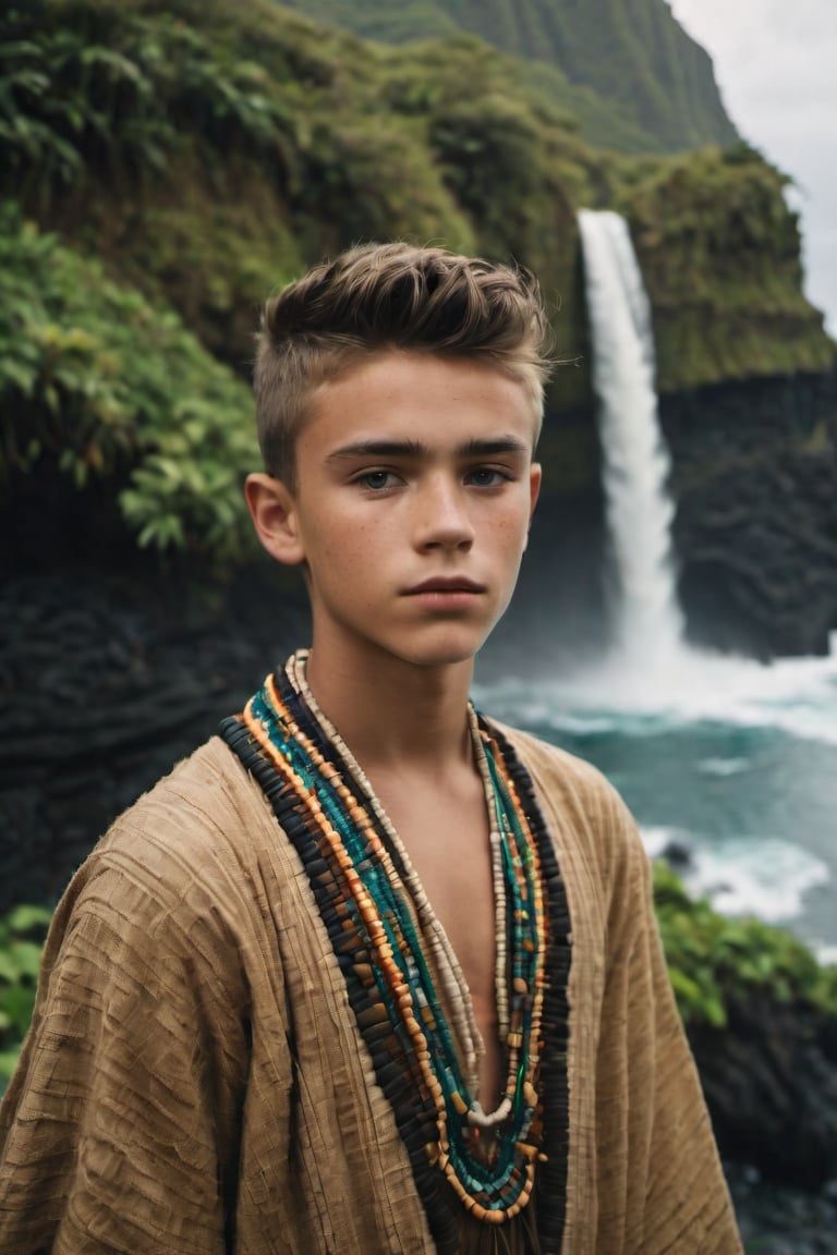 cinematic film still, full shot of 15 year old Irish American teenage boy named Steve, wearing traditional Polynesian clothing, short hair; pacific island with waterfall in the background, ambient light, Nikon 15mm f/1.8G, by Alessio Albi, by Annie Leibowitz, by Lee Jeffries