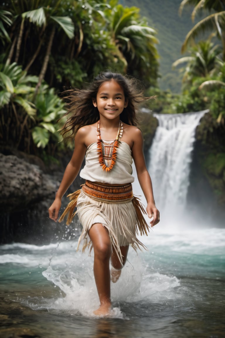 cinematic film still,Portrait of a 10 year old polynesian girl, happy, wearing traditional Polynesian clothing, running towards viewer, running in water, full body; pacific island with waterfall in the background, ambient light, Nikon 15mm f/1.8G, by Alessio Albi, by Annie Leibowitz, by Lee Jeffries