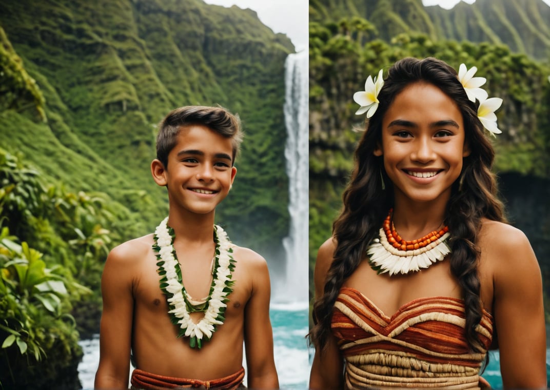 cinematic film still, full shot of 15 year old teenage Irish American boy named Steve, wearing traditional Polynesian clothing, short hair; standing beside a 30 year old Polynesian woman named Moana, smiling; pacific island with waterfall in the background, ambient light, Nikon 15mm f/1.8G, by Alessio Albi, by Annie Leibowitz, by Lee Jeffries