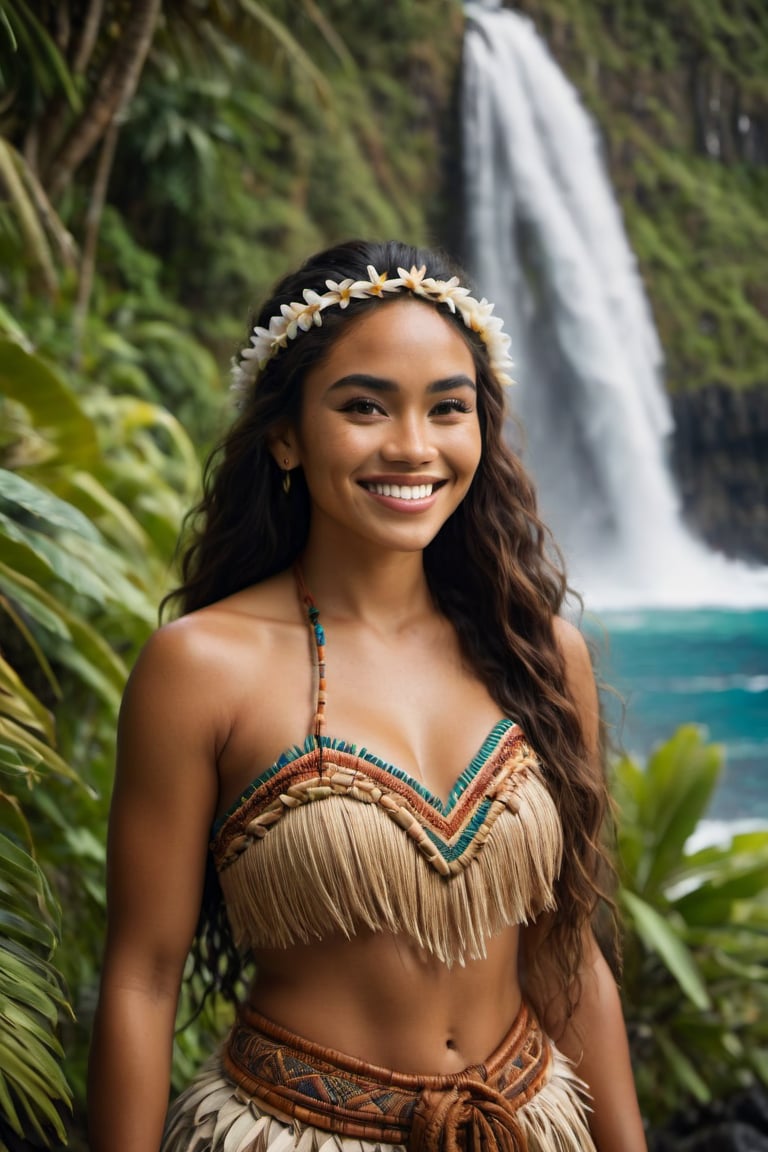 cinematic film still, wide shot of a beautiful and sexy 25 year old Polynesian woman  named Moana, smiling, wearing traditional Polynesian clothing; pacific island with waterfall in the background, ambient light, Nikon 15mm f/1.8G, by Alessio Albi, by Annie Leibowitz, by Lee Jeffries