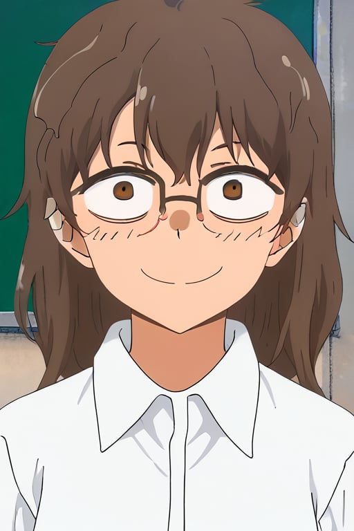 glasses, standing, classroom, white shirt, Nagatoro, brown hair, messy hair,brown eyes, smile,