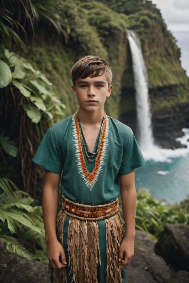 cinematic film still, full body, Portrait of a 15 year old Irish American teenage boy named Steve, wearing traditional Polynesian clothing, short hair; pacific island with waterfall in the background, ambient light, Nikon 15mm f/1.8G, by Alessio Albi, by Annie Leibowitz, by Lee Jeffries