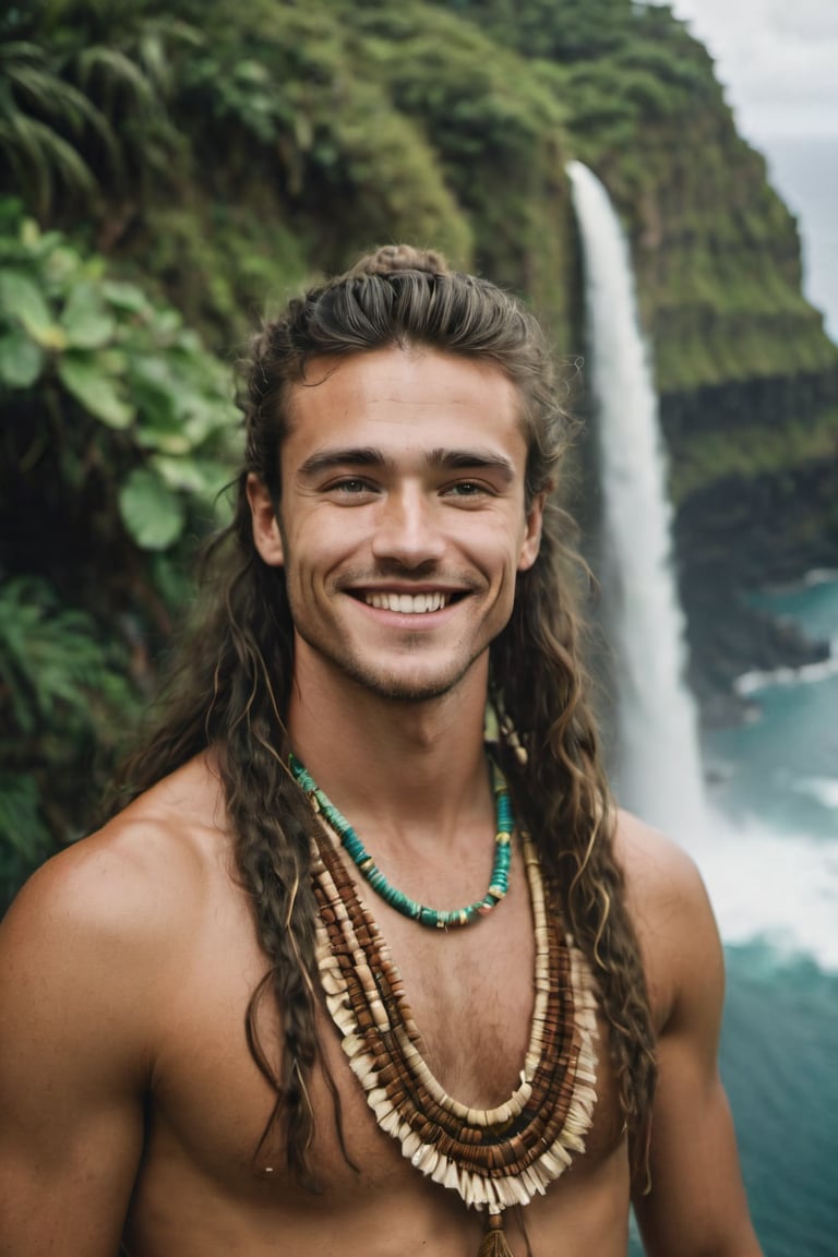 cinematic film still, full shot of 25 year old Irish American man named Steve, wearing traditional Polynesian clothing, long hair, smiling; pacific island with waterfall in the background, ambient light, Nikon 15mm f/1.8G, by Alessio Albi, by Annie Leibowitz, by Lee Jeffries