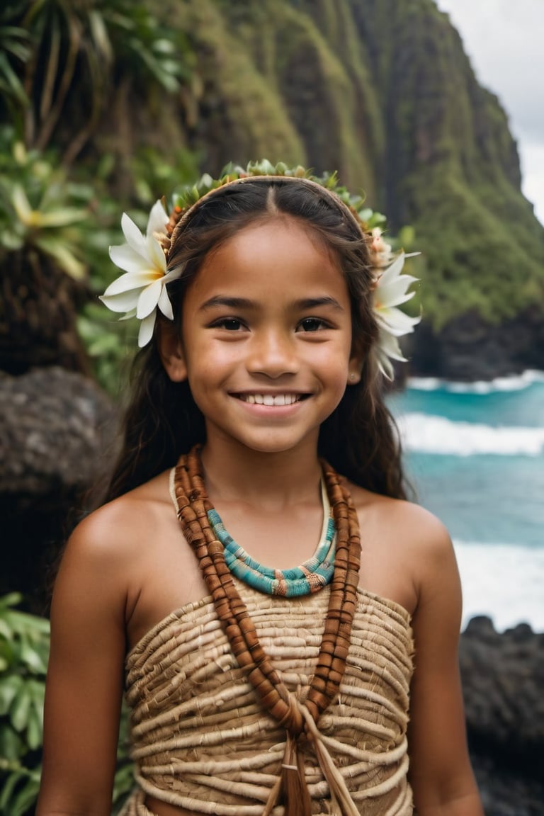 cinematic film still,Portrait of a 10 year old  polynesian girl named Moana, wearing traditional Polynesian clothing, smiling, closed mouth, looking to side at Steve; pacific island with waterfall in the background, ambient light, Nikon 15mm f/1.8G, by Alessio Albi, by Annie Leibowitz, by Lee Jeffries