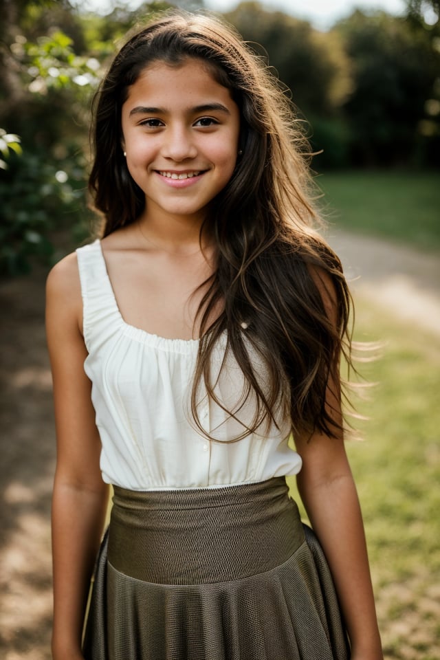 a 12 year old Latina girl, (((12yo))),  cute preteen girl with dark brown hair, and expressive eyes, Full body, standing, brown eyes, her expression joyful, open smile, a natural elegance in her bearing.  Rosa is a strong and determined girl, just like her mother. She is passionate and loving, but can also be stubborn. She has a major crush on her childhood friend 13 year old Irish American boy named Zach. Solo, She dresses in clothing, (((a long dress and a long skirt))), 1girl, full body, masterpiece, best quality, high resolution, 8K, HDR, bloom, raytracing, detailed shadows, bokeh, depth of field, film photography, film grain, glare, (wind:0.8), detailed hair, ultra detailed eyes, cinematic lighting, (hyperdetailed:1.15),