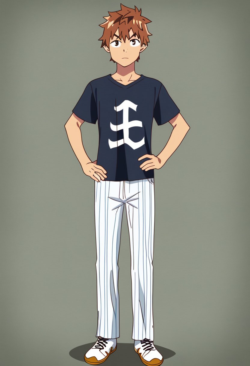 solo, looking at viewer, brown hair, shirt, 1boy, brown eyes, standing, full body, male focus, shoes, striped, pants, hand on hip, white footwear, t-shirt, sneakers, KINOSHITA KAZUYA