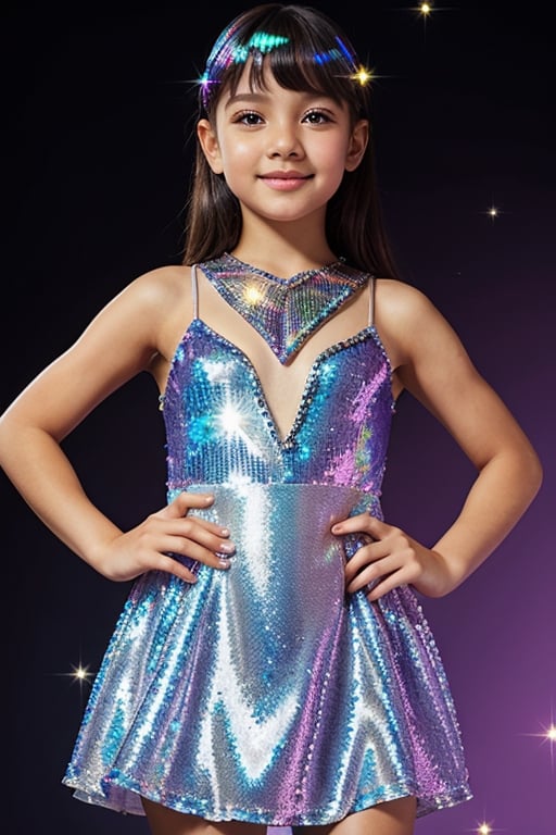 a young girl in a dress with a chevron pattern, diamond shimmering dress, glitter dress, holographic!!!, sequin top, sequins, shimmer detailed, fractal dress, shimmering and prismatic, holographic material, wearing a dress made of beads, fancy silver dress, holographic, sparkly, holographic suit