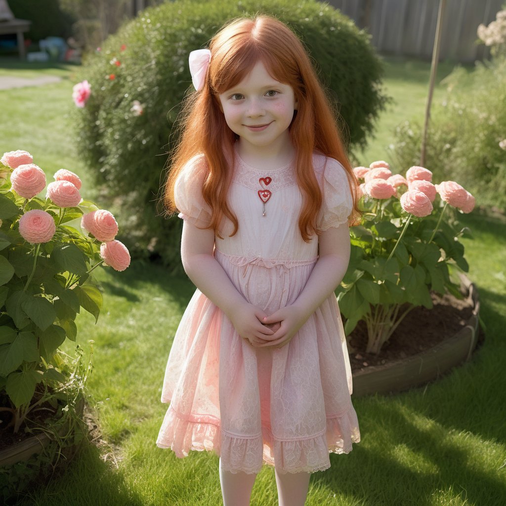 8 year old Nicolette is standing in a sunny garden, her long red hair. She wears a dress with delicate lace details, smiling sweetly as she holds a small stuffed toy. Nearby, her neighbor Zach, a year older, is playing with a toy truck, oblivious to her admiration. Nicolette’s wide, innocent eyes often glance toward him, her soft, rosy cheeks turning slightly pink as she watches him. Even at 8, she’s drawn to him, trying to catch his attention by standing gracefully beside blooming flowers, her heart-shaped pendant glinting in the sunlight.