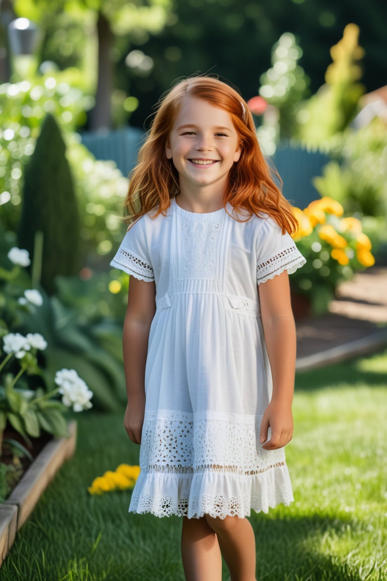 8 year old girl  named Nicolette is standing in a sunny garden, her long red hair. She wears a dress with delicate lace details, smiling sweetly as she holds a small stuffed toy. Nearby, her neighbor Zach, a year older, is playing with a toy truck, oblivious to her admiration.  She was so close and clinched on to him that she gradually became a tomboy, adopted his personality and began to mimick his behavior. She is completely boyish and very masculine. She has a massive crush on Zach and recently they started dating. She is standing for a solo photo. 