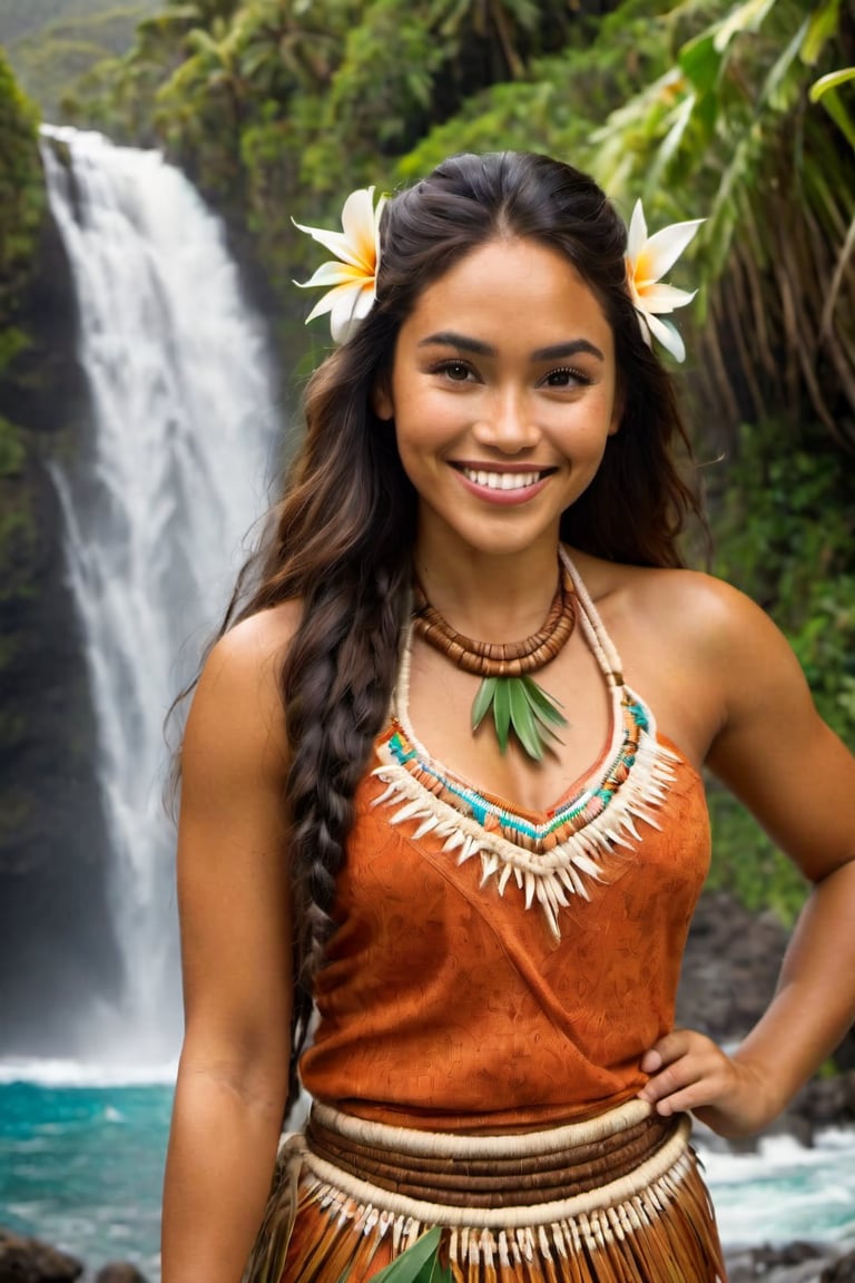 cinematic film still,Portrait of a beautiful and sexy 30 year old  polynesian woman named Moana, wearing traditional Polynesian clothing, smiling, closed mouth, looking to side at 15 year old Steve, she had been a 10 year old girl but transformed into a 30 year old woman when she went into a waterfall; pacific island with waterfall in the background, ambient light, Nikon 15mm f/1.8G, by Alessio Albi, by Annie Leibowitz, by Lee Jeffries