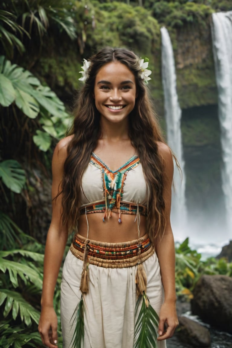 cinematic film still, full shot of 25 year old Irish American woman named Stephanie, wearing traditional Polynesian clothing, long hair, smiling; pacific island with waterfall in the background, ambient light, Nikon 15mm f/1.8G, by Alessio Albi, by Annie Leibowitz, by Lee Jeffries