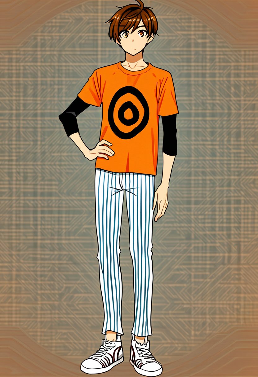 solo, looking at viewer, brown hair, shirt, 1boy, brown eyes, standing, full body, male focus, shoes, striped, pants, hand on hip, white footwear, t-shirt, t-shirt, orange shirt, spiral print shirt, sneakers, mizuhara chizuru