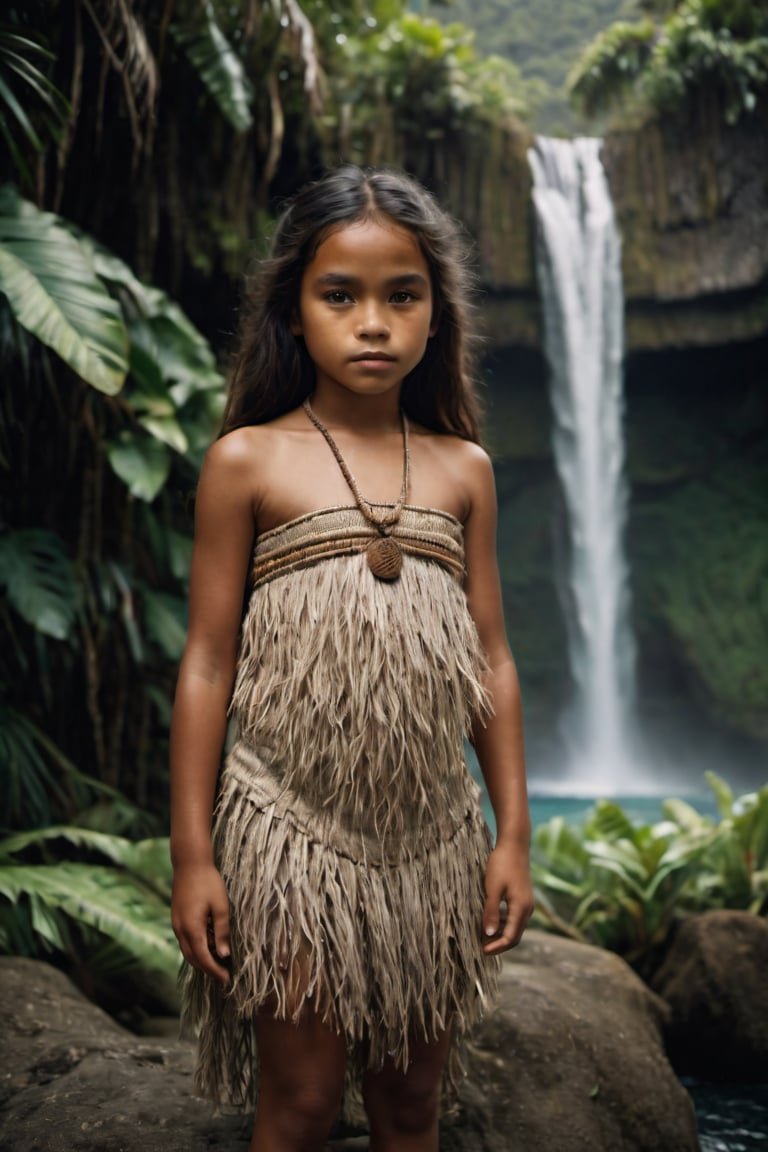 cinematic film still,Portrait of a 10 year old polynesian girl, full body; pacific island with waterfall in the background, ambient light, Nikon 15mm f/1.8G, by Alessio Albi, by Annie Leibowitz, by Lee Jeffries