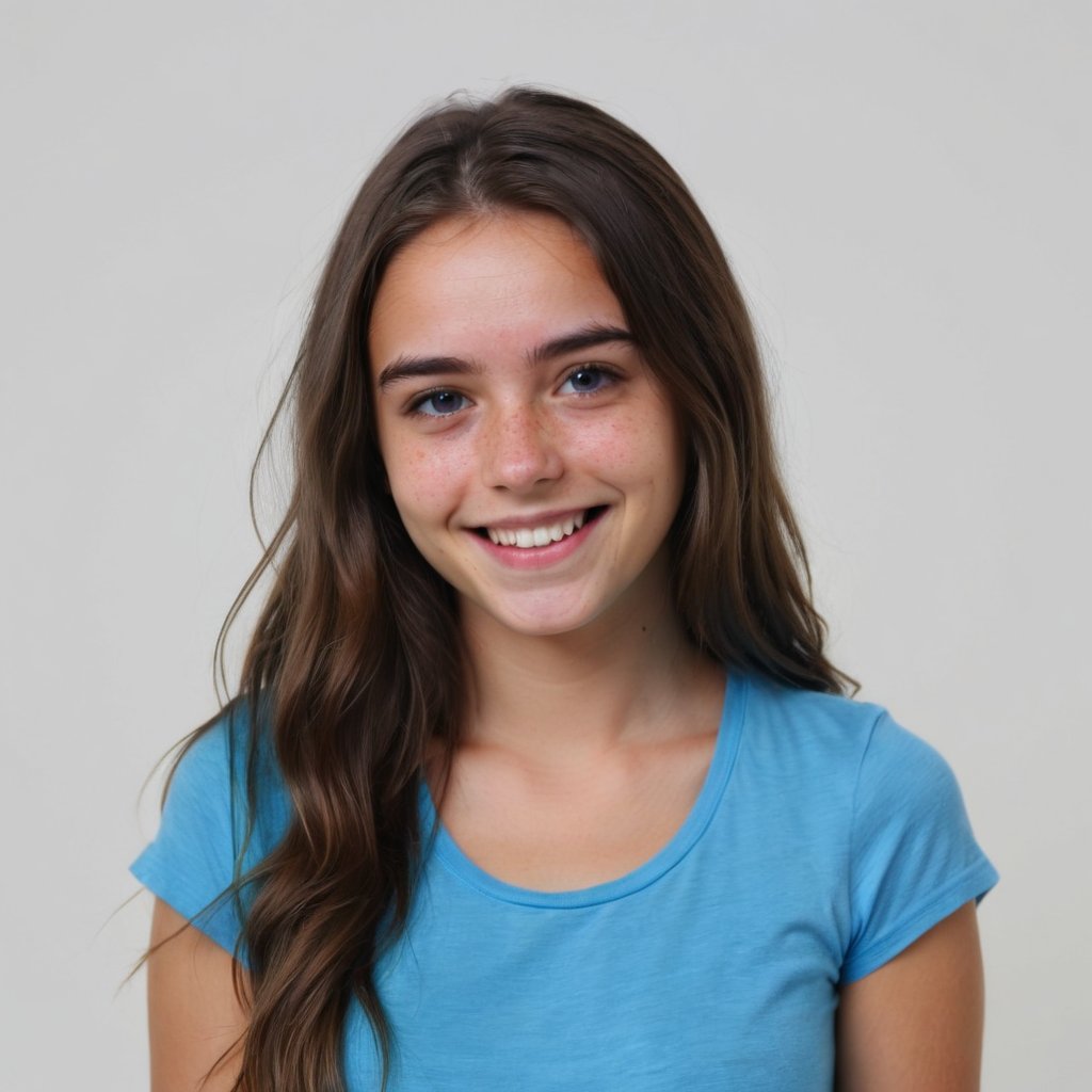young girl smiling in front od the camera, long dark brown hair, blue shirt, vivid colors and ultra-HD quality, white background. 
