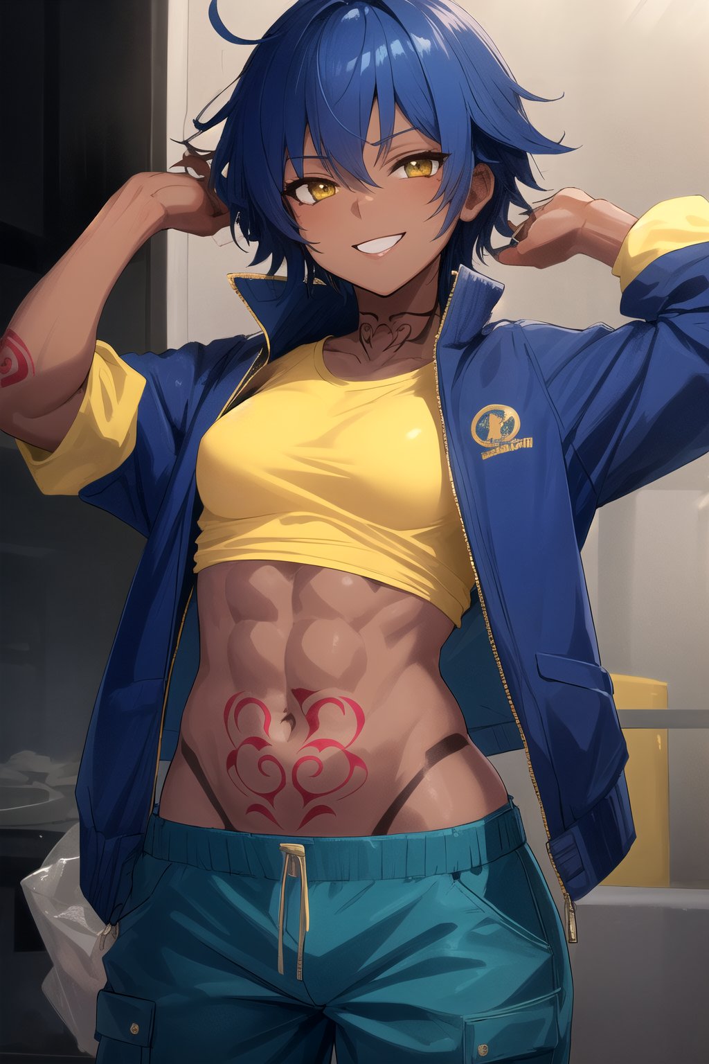 sexy tomboy, short blue spiky hair, yellow eyes, dark skin, blue jacket, baggy pants, reverse trap, smile, best quality anime tattoos, muscular 