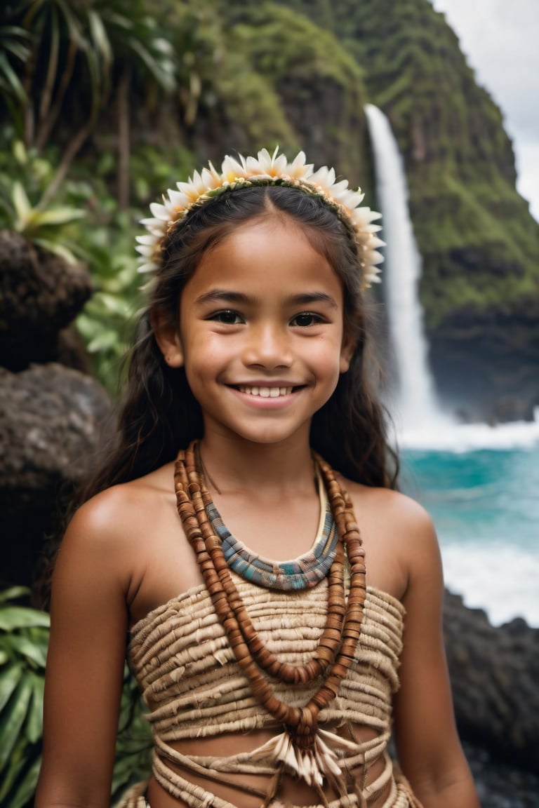 cinematic film still,Portrait of a 10 year old polynesian girl named Moana, wearing traditional Polynesian clothing, she is smiling; pacific island with waterfall in the background, ambient light, Nikon 15mm f/1.8G, by Alessio Albi, by Annie Leibowitz, by Lee Jeffries