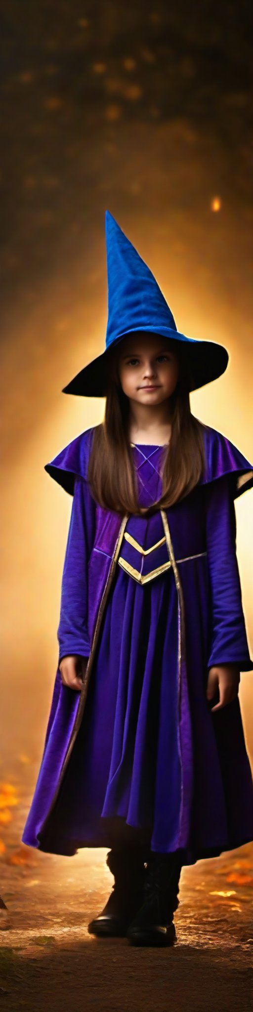 Prompt: 10 year old girl dressed up as sorcerer for Halloween, magical, mystical, (((full body visible))), looking at viewer, portrait, photography, realistic, photo-realistic, 8k, highly detailed, full length frame, High detail RAW color art, diffused soft lighting, shallow depth of field, sharp focus, hyperrealism,