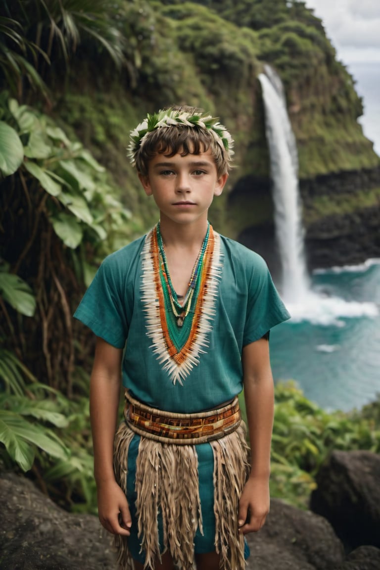 cinematic film still, full body, portrait of 12 year old Irish American preteen boy named Steve, wearing traditional Polynesian clothing, short hair; pacific island with waterfall in the background, ambient light, Nikon 15mm f/1.8G, by Alessio Albi, by Annie Leibowitz, by Lee Jeffries