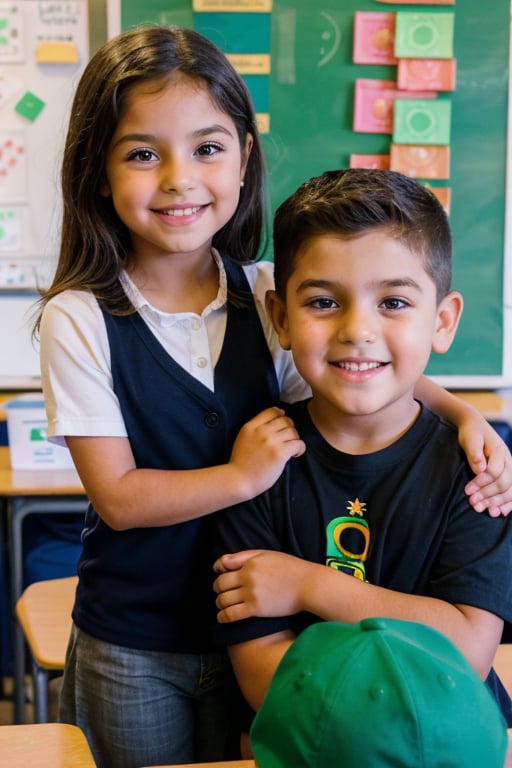 (a 6 year old Latina girl named Rosa) with (a 7 year old Irish American boy named Zach who is Irish) meeting the first time in class