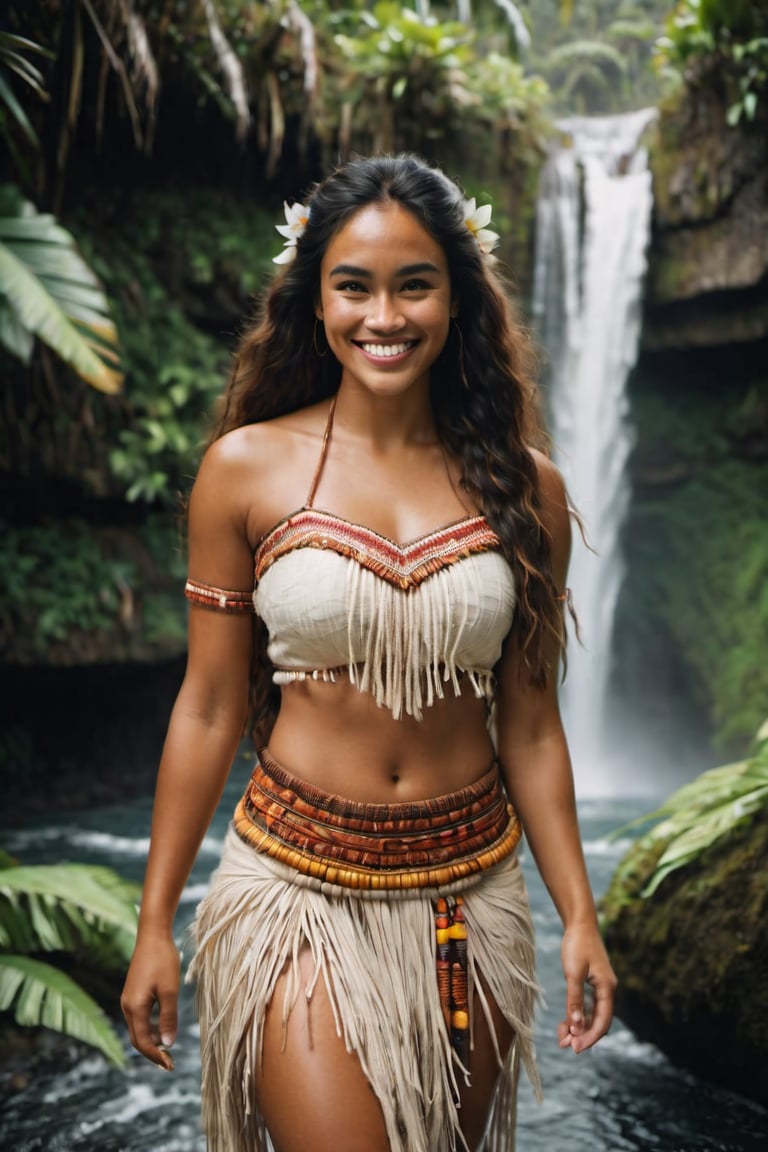 cinematic film still,Portrait of a 30 year old beautiful polynesian woman named Moana smiling, wearing traditional Polynesian clothing, full body, walking out of waterfall; pacific island with waterfall in the background, ambient light, Nikon 15mm f/1.8G, by Alessio Albi, by Annie Leibowitz, by Lee Jeffries