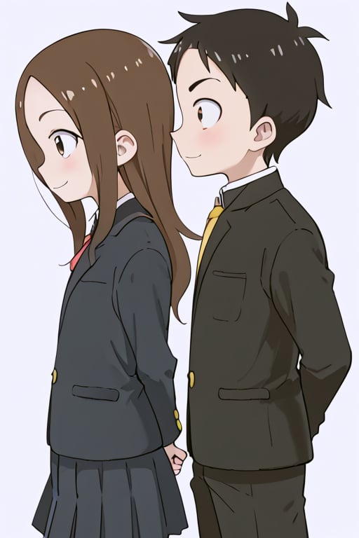 1girl, long hair, blush, smile, bangs, skirt, simple background, brown hair, shirt, black hair, long sleeves, 1boy, white background, brown eyes, closed mouth, school uniform, standing, black shirt, from side, black jacket, parted bangs, profile, arms behind back, black pants, forehead, gakuran, nishikata,motoTakagi, low ponyt