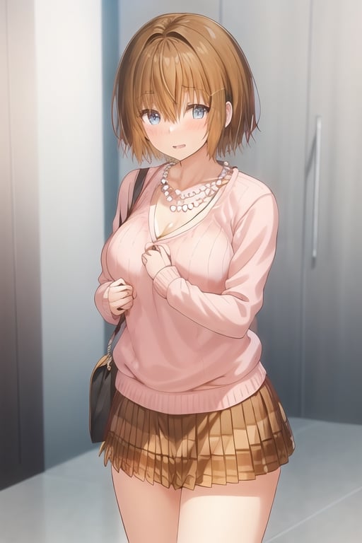 masterpiece, best quality,1girl,solo,kiryuu mizuha,brown hair,short hair,hair between eyes, brown eyes, socks, jewelry, pleated skirt, belt, necklace, black sweater, turtleneck, white_skirt, grey_skirt, ribbed_sweater, beads, turtleneck_sweater, door, bead_necklace, red_sweater, pearl_necklace,  anime screencap, 