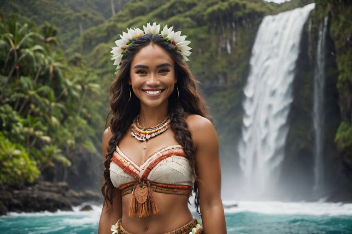 cinematic film still, full shot of a beautiful and sexy 30 year old Polynesian woman named Moana; smiling, wearing traditional Polynesian clothing, pacific island with waterfall in the background, ambient light, Nikon 15mm f/1.8G, by Alessio Albi, by Annie Leibowitz, by Lee Jeffries