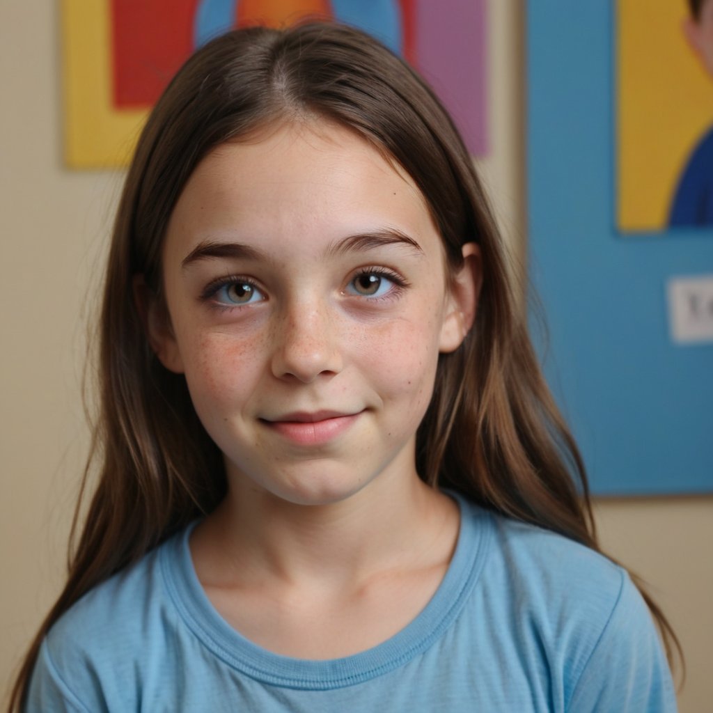 Zoey, a bright-eyed Mediterranean 9-year-old girl with long dark brown hair, radiant smile, and subtle freckles on her nose, school portrait, studio background, her blue shirt standing out against soft features and gentle crease on her forehead. Her eyes shine with enthusiasm as she gazes confidently into the frame. As a closeted trans person who wants to be a boy, Zoey's presence takes center stage amidst blurred background colors. A gentle flush rises to her cheeks as she thinks of her childhood friend Zach, the object of her secret crush. 2006