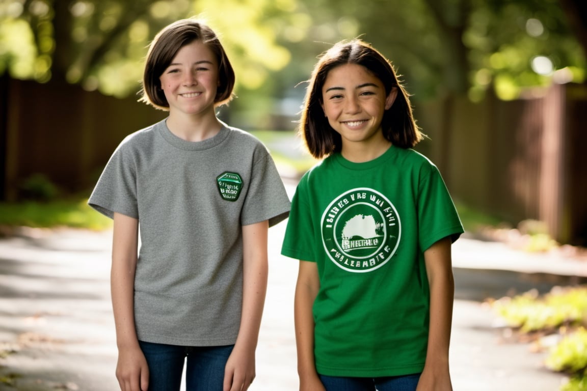 14 year old Irish American boy with very short brown hair wearing a t shirt, with his best friend who is a 13 year old Asian American female tomboy with very short hair 