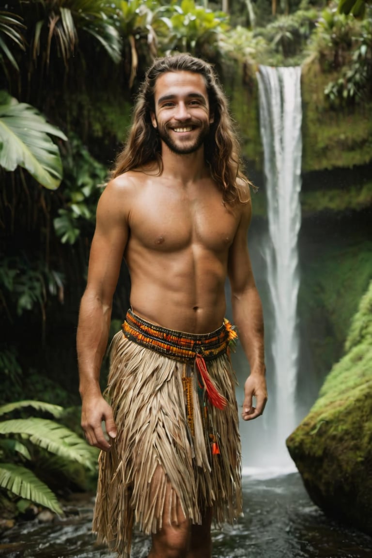 cinematic film still,Portrait if 25 year old Irish American male named Steve smiling, Steve is physically and mentally transforming into a female, wearing traditional Polynesian clothing, long hair, full body, walking out of waterfall; pacific island with waterfall in the background, ambient light, Nikon 15mm f/1.8G, by Alessio Albi, by Annie Leibowitz, by Lee Jeffries