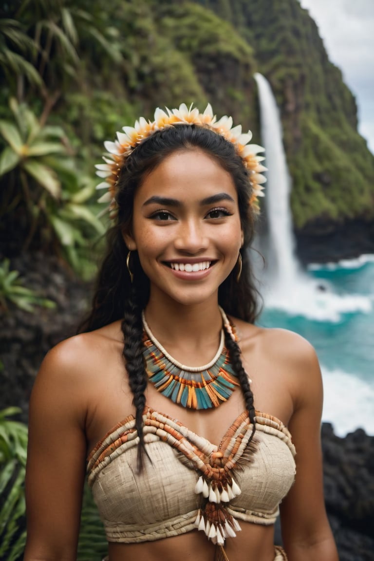 cinematic film still,Portrait of a beautiful 26 year old  polynesian woman named Moana, wearing traditional Polynesian clothing, smiling; pacific island with waterfall in the background, ambient light, Nikon 15mm f/1.8G, by Alessio Albi, by Annie Leibowitz, by Lee Jeffries