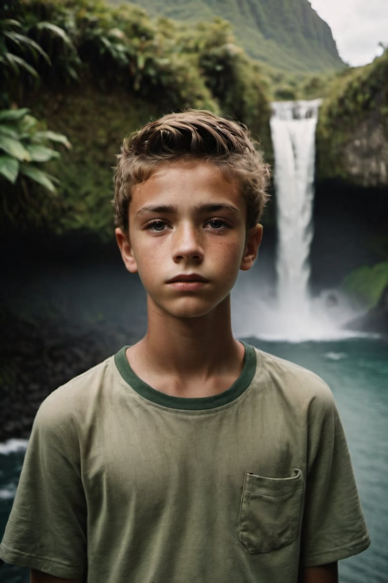 cinematic film still,Portrait of a 15 year old Irish American teenage boy; pacific island with waterfall in the background, ambient light, Nikon 15mm f/1.8G, by Alessio Albi, by Annie Leibowitz, by Lee Jeffries