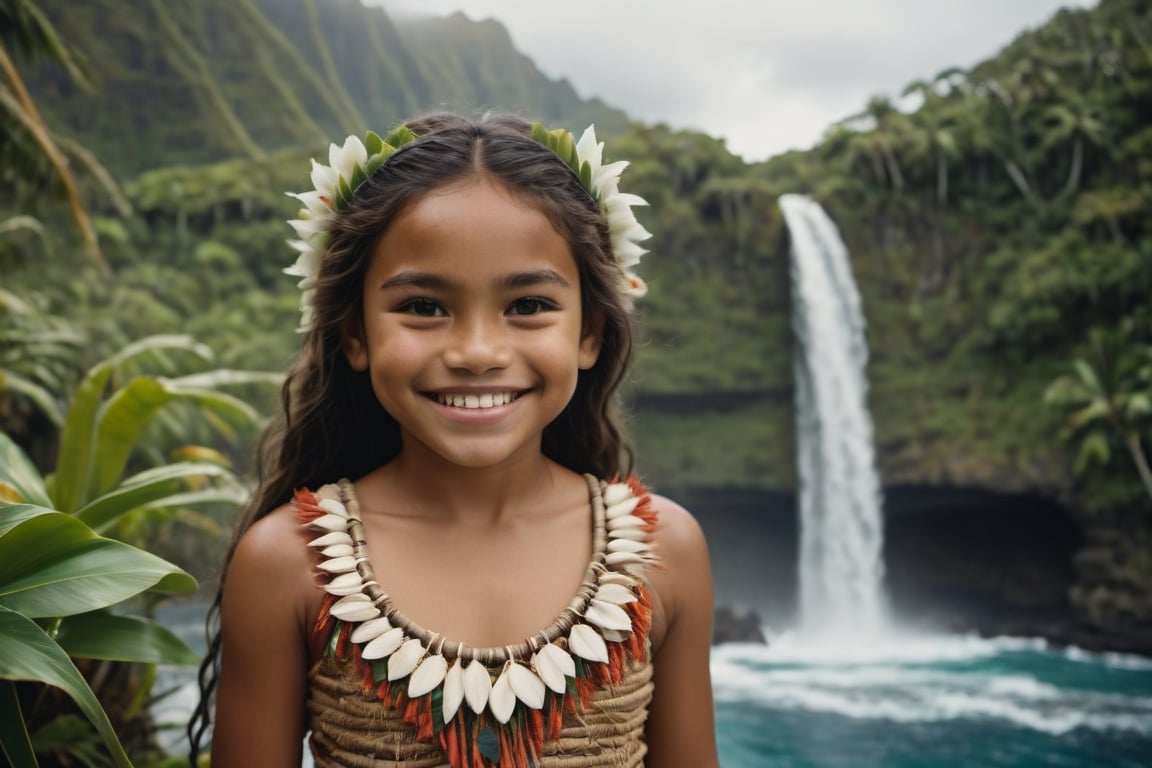 cinematic film still, full shot of a 10 year old Polynesian girl named Moana, smiling, wearing traditional Polynesian clothing; pacific island with waterfall in the background, ambient light, Nikon 15mm f/1.8G, by Alessio Albi, by Annie Leibowitz, by Lee Jeffries