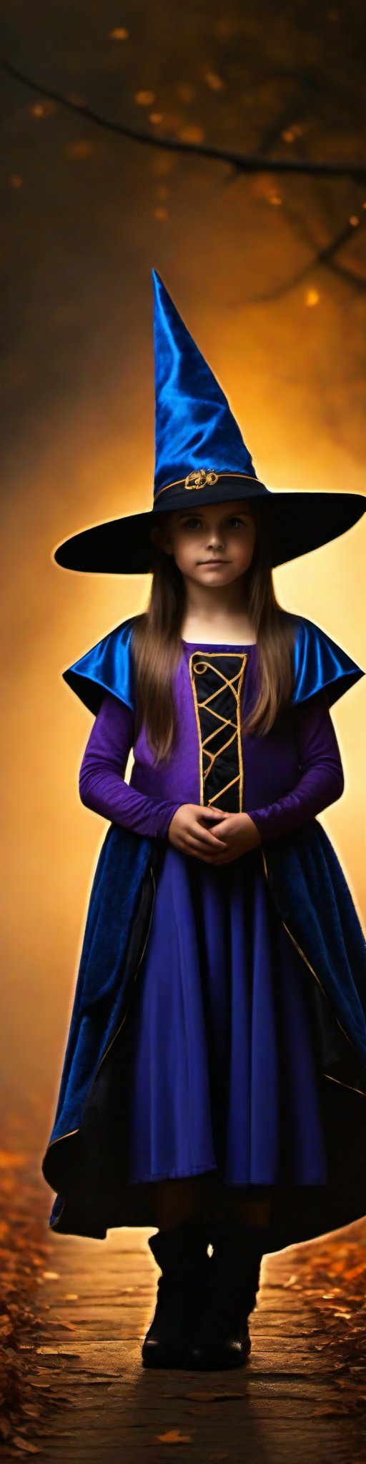 Prompt: 10 year old girl dressed up as sorcerer for Halloween, magical, mystical, (((full body visible))), looking at viewer, portrait, photography, realistic, photo-realistic, 8k, highly detailed, full length frame, High detail RAW color art, diffused soft lighting, shallow depth of field, sharp focus, hyperrealism, cinematic lighting