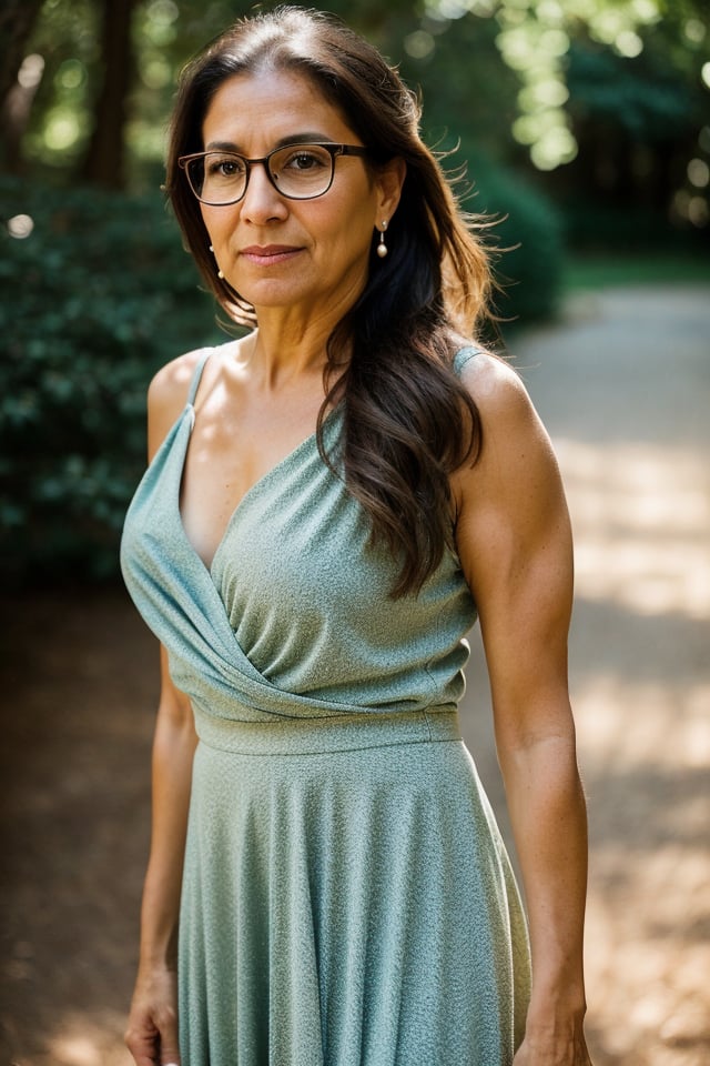 a 50 year old Latina woman, (((50yo))), beautiful, a middle-aged woman with dark brown hair, tied back in a ponytail, and expressive eyes, with round glasses. She has a slender figure, Full body, brown eyes, her expression is tough but calm, a natural elegance in her bearing. Rosa is a strong and determined woman, just like her mother. She is passionate and loving, but can also be stubborn. She is married to her childhood friend a 50 year old Irish American male named Zach. She is protective of her children and cares deeply about family tradition. She dresses in clothing, ((a long dress and a long skirt)), 1girl, full body, masterpiece, best quality, high resolution, 8K, HDR, bloom, raytracing, detailed shadows, bokeh, depth of field, film photography, film grain, glare, (wind:0.8), detailed hair, ultra detailed eyes, cinematic lighting, (hyperdetailed:1.15),