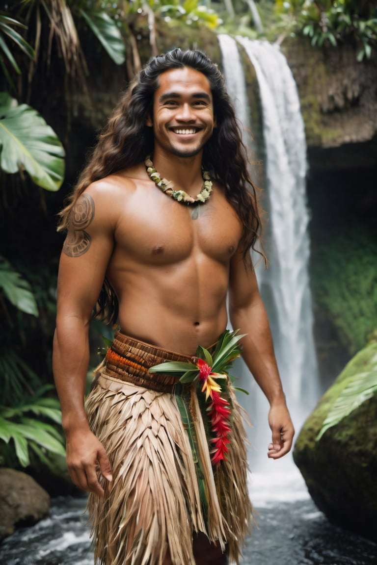 cinematic film still,Portrait of a 30 year old sexy polynesian man named Moana smiling, wearing traditional Polynesian clothing, long hair, full body, walking out of waterfall; pacific island with waterfall in the background, ambient light, Nikon 15mm f/1.8G, by Alessio Albi, by Annie Leibowitz, by Lee Jeffries