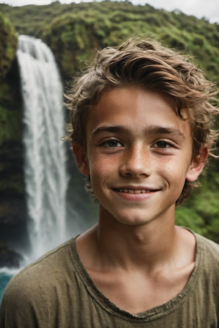 cinematic film still,Portrait of a 15 year old Irish American boy, smiling, upper body, looking to left side at moana; pacific island with waterfall in the background, ambient light, Nikon 15mm f/1.8G, by Alessio Albi, by Annie Leibowitz, by Lee Jeffries