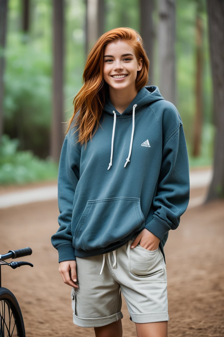 "Nicolette, now 18, stands tall and confident in the park, her long red hair still styled in a masculine fashion, tied back loosel. She wears a faded hoodie, cargo shorts, and scuffed-up sneakers, Her posture is relaxed, hands casually in her pockets, as she watches Zach with a sly grin while he practices tricks on his bike nearby. Nicolette's demeanor is completely boyish and masculine, showing no trace of the girly girl she once was. The bond between her and Zach is undeniable, with playful banter passing between them, but there's also a deeper connection now. Her eyes follow him with a mix of admiration and affection, revealing the strong feelings she’s carried for him all these years, especially now that they’ve finally started dating."