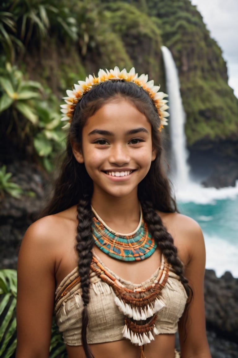 cinematic film still,Portrait of a beautiful 18 year old  polynesian teenage girl named Moana, wearing traditional Polynesian clothing, smiling; pacific island with waterfall in the background, ambient light, Nikon 15mm f/1.8G, by Alessio Albi, by Annie Leibowitz, by Lee Jeffries