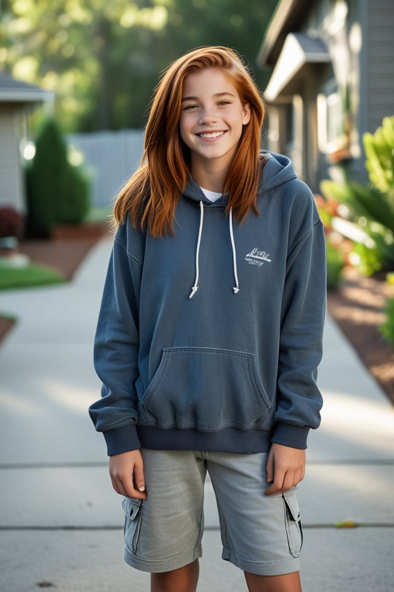 "Nicolette, now 14, stands confidently in the driveway, her long red hair styled in a masculine way, falling loosely over her shoulders. She wears a faded hoodie, cargo shorts, and scuffed-up sneakers, her tomboyish transformation complete. With her arms crossed and a confident smirk, she leans against her skateboard, ready for the next challenge. Zach, her best friend and neighbor, is nearby, adjusting his bike. Nicolette watches him with an air of familiarity, her body language relaxed but alert. There's no sign of the girly girl she once was, just a tough, boyish girl who's fully embraced Zach’s carefree and adventurous personality. Despite her tough exterior, the way she glances at Zach reveals her massive crush, though now it’s more playful and teasing as they’ve grown even closer."