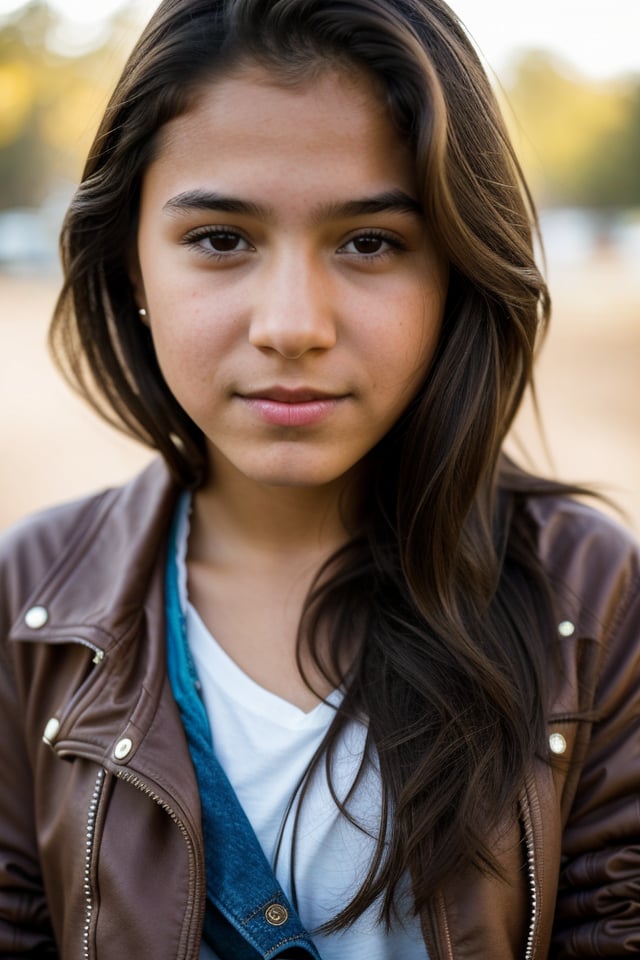a 12 year old latin girl, (((12yo))),  girl with dark brown hair, and expressive eyes,Full body, light brown eyes, her expression is happy, a natural elegance in her bearing. She is slender and has legs  Rosa is a strong and determined girl, just like her mother. She is passionate and loving, but can also be stubborn and stubborn. She has a crush on her childhood friend named Zach. Looking at Zach with a loving gaze. She usually dresses in feminine clothing, (((a jacket, shirt and pants))), 1girl, masterpiece, best quality, high resolution, 8K, HDR, bloom, raytracing, detailed shadows, bokeh, depth of field, film photography, film grain, (wind:0.8), detailed hair, beautiful face, beautiful girl, ultra detailed eyes, cinematic lighting, (hyperdetailed:1.15),