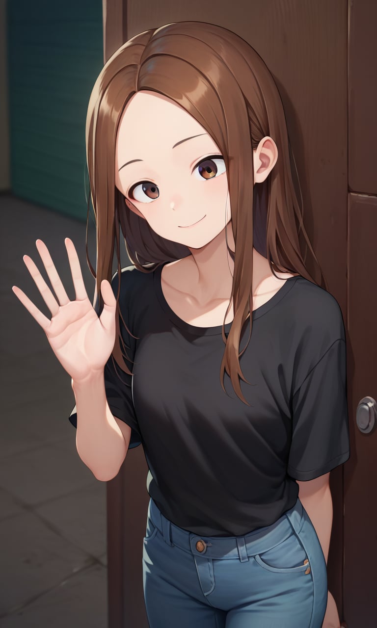 score_9, score_8_up, score_7_up, score_6_up, score_5_up, score_4_up, BREAK 1girl, solo, l waving, light smile,aatakagi, collarbone, black shirt, blue pants, blue jeans, long hair, brown hair,parted bangs