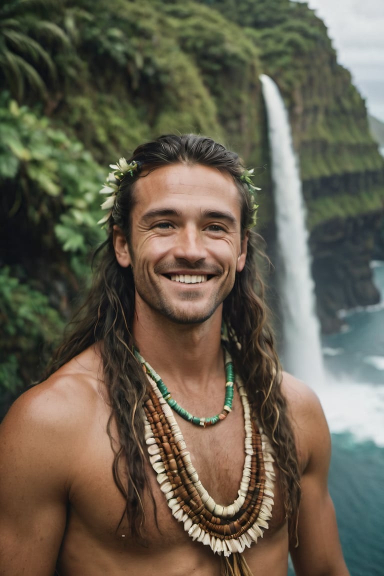 cinematic film still, full shot of 30 year old Irish American man named Steve, wearing traditional Polynesian clothing, long hair, smiling; pacific island with waterfall in the background, ambient light, Nikon 15mm f/1.8G, by Alessio Albi, by Annie Leibowitz, by Lee Jeffries