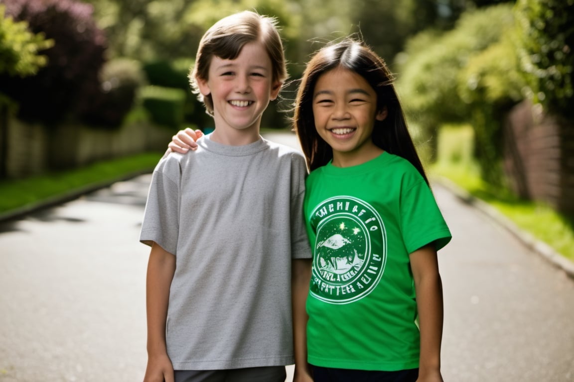 10 year old Irish American boy with brown hair wearing a t shirt, with his best friend who is a 9 year old Asian American girl wearing a skirt,  arms around each other,