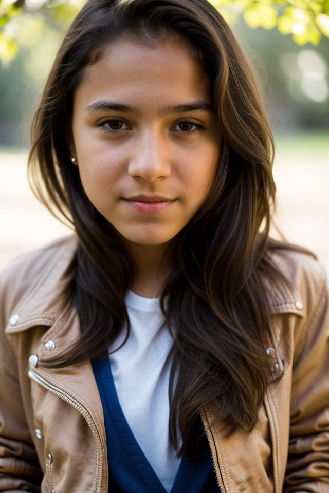 a 12 year old latin girl, (((12yo))),  girl with dark brown hair, and expressive eyes,Full body, light brown eyes, her expression is happy, a natural elegance in her bearing. She is slender and has legs  Rosa is a strong and determined girl, just like her mother. She is passionate and loving, but can also be stubborn and stubborn. She has a crush on her childhood friend named Zach. Looking at Zach. She usually dresses in feminine clothing, (((a jacket, shirt and pants))), 1girl, masterpiece, best quality, high resolution, 8K, HDR, bloom, raytracing, detailed shadows, bokeh, depth of field, film photography, film grain, (wind:0.8), detailed hair, beautiful face, beautiful girl, ultra detailed eyes, cinematic lighting, (hyperdetailed:1.15),