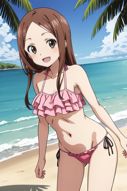 source_anime, aatakagi, solo, long hair, brown hair, parted bangs, frilled bikini, pink bikini, , standing, cowboy shot, smile, beach, straight-on, 